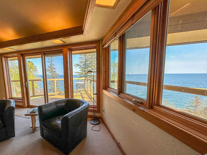 Living room with large windows.