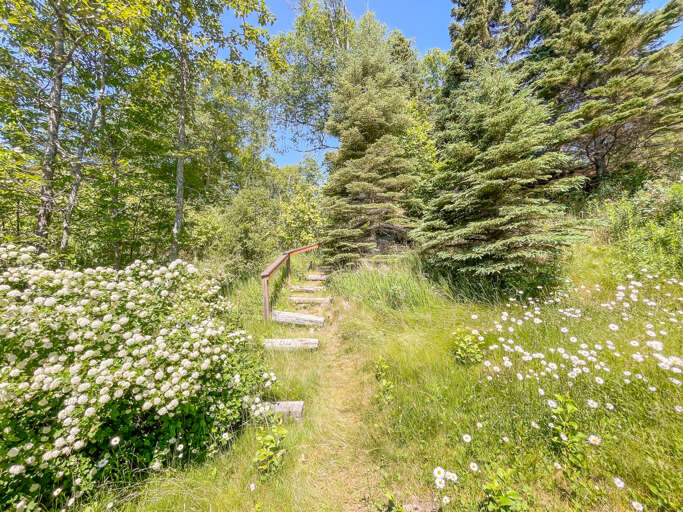 Staircase leading to the fire pit and shoreline area.