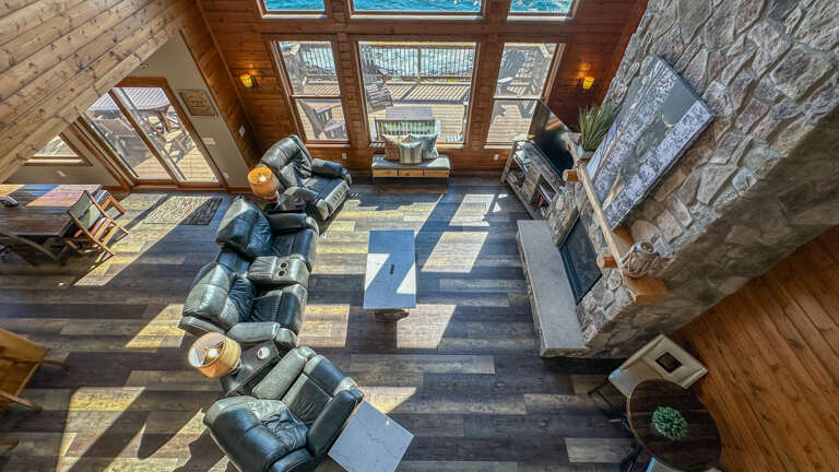 Looking down on the living room from the catwalk above.