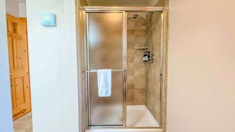 Walk-in shower in the attached bathroom.