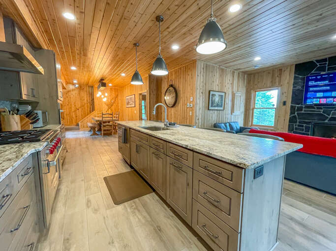The countertops found throughout the home are a unique granite countertop with a leathered finish