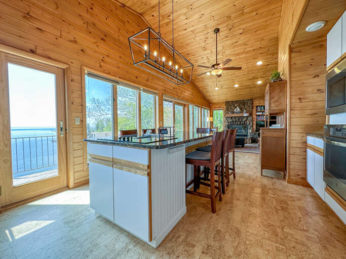 The cooking island lets you prepare a meal while enjoying the Lake Superior views.