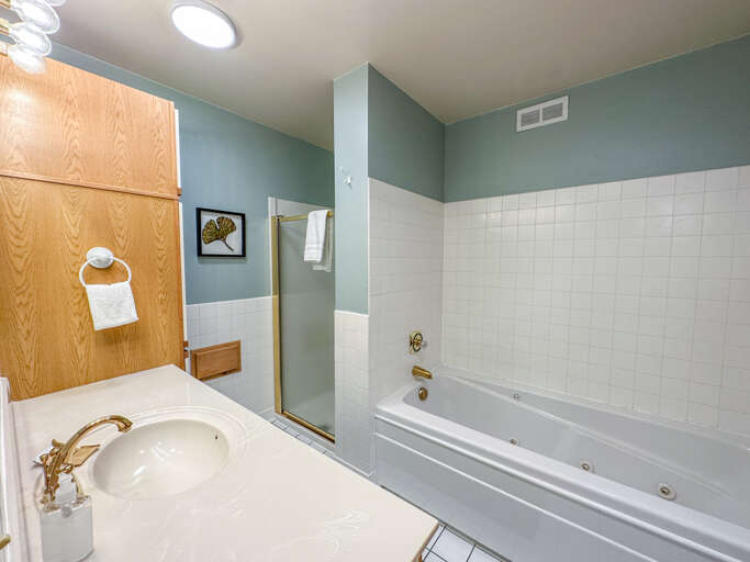 There is a full bathroom with a separate shower and jetted tub.