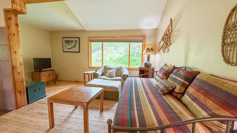 The living room with a daybed and TV.
