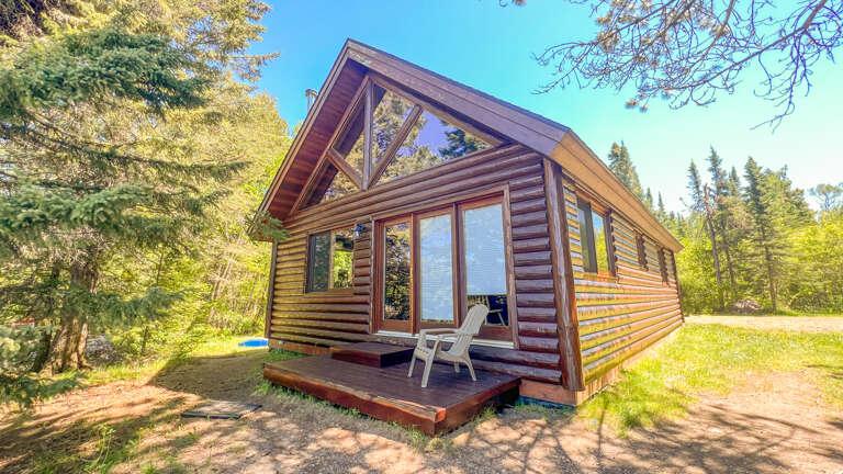 A charming log cabin with modern windows nestled among towering evergreens, featuring a welcoming deck for morning coffee and forest views.