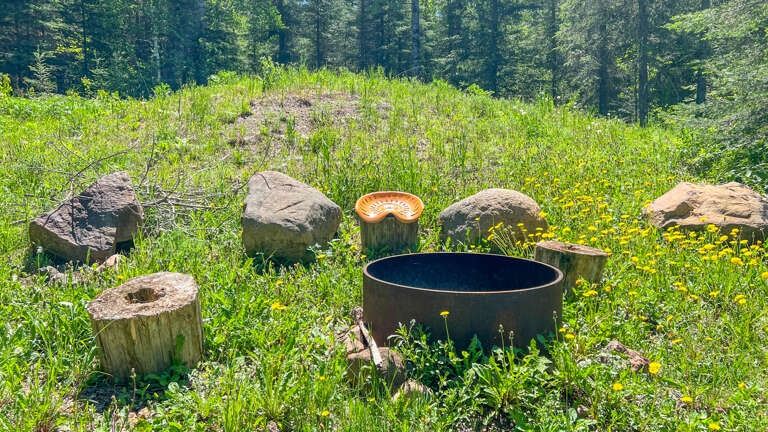 Natural forest hot tub nestled among wildflowers and ancient stones, offering complete privacy and connection with nature.