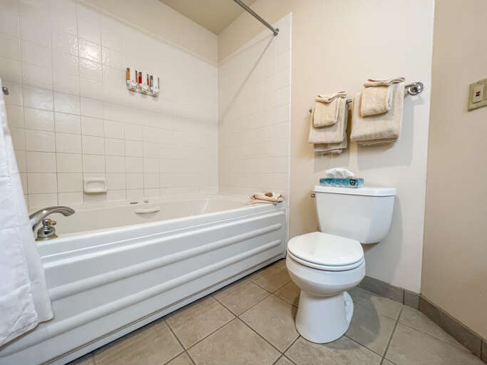 The bathroom features a jetted tub/shower combo