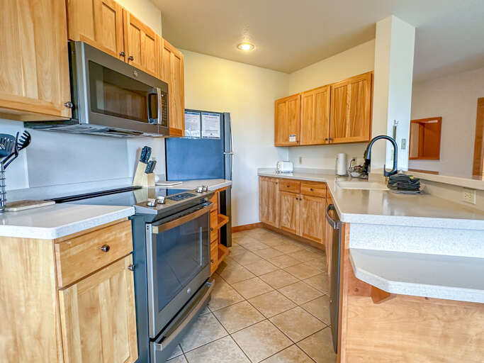 The open kitchen is great for preparing home-cooked meals