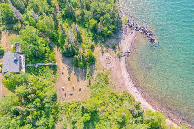 Aerial View Looking Down at Yard Layout and Proximity to the Lake