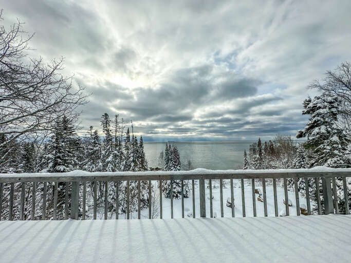 Winter view of the deck at Stonehenge on the North Shore.