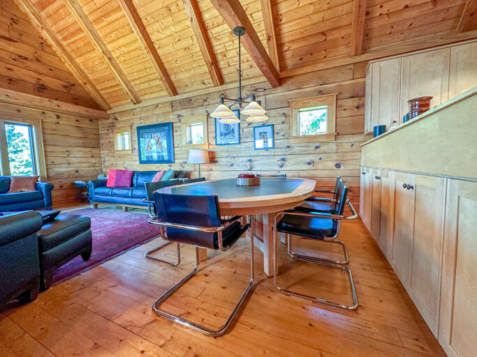 The dining area has seating for six.