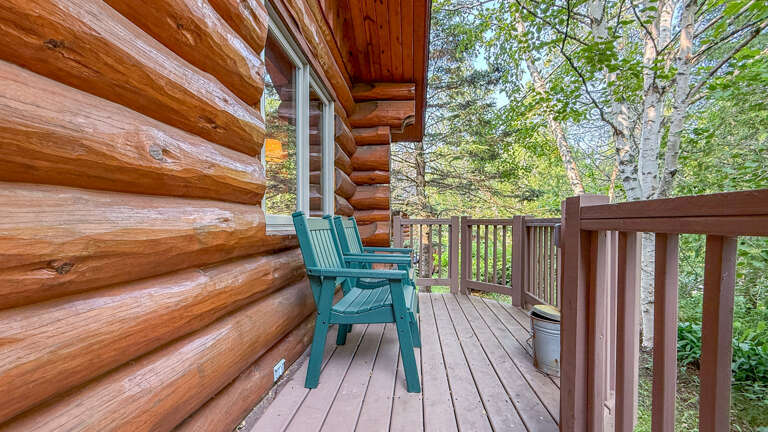 Solid log cabin exterior with spacious deck overlooking lush birch and evergreen woodland.