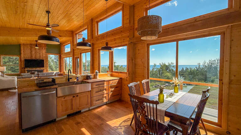 Lake Superior views from the kitchen of Cross River Cabin.
