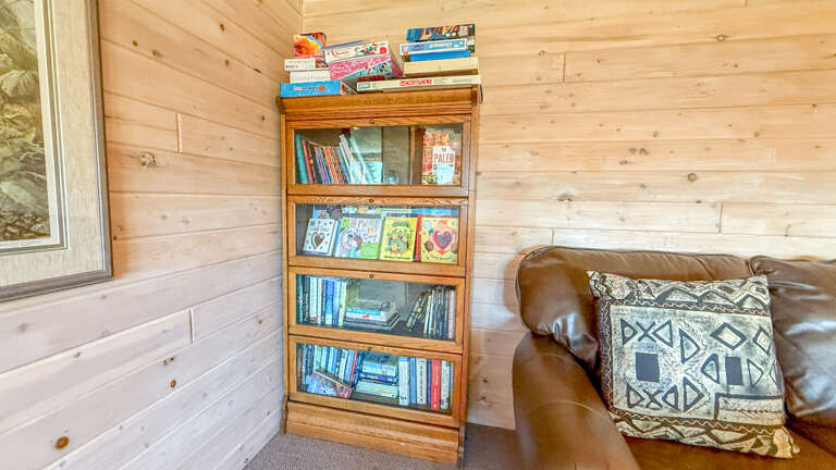 Games and books in the lower level living room.