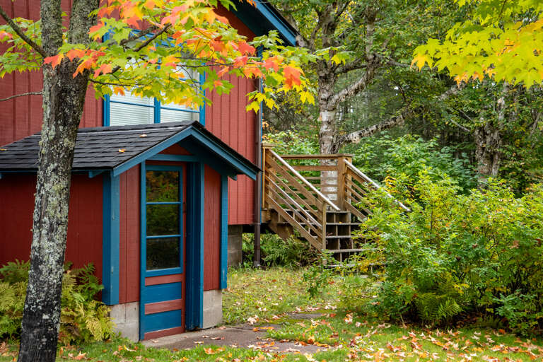 Charming red cabin entrance framed by vibrant autumn foliage, with a wooden deck leading to your peaceful woodland retreat.