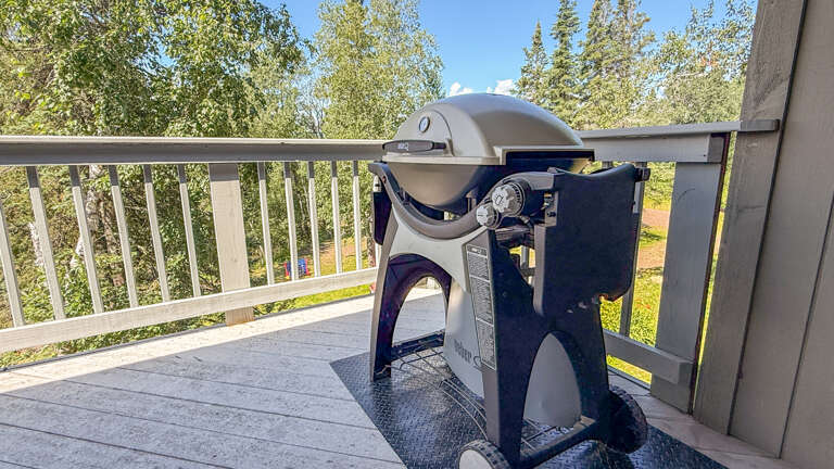 A modern gas grill awaits on your private deck, perfect for outdoor dining surrounded by leafy summer views and fresh air.