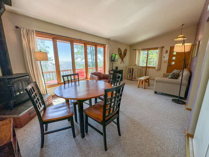 The dining room has Lake Superior views.