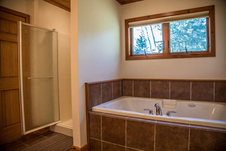 This bathroom features a walk-in shower and a jetted tub