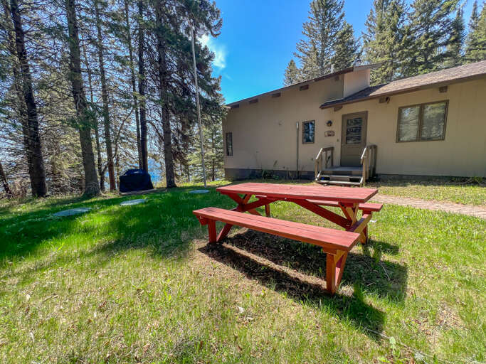 Have a summertime BBQ outside with the provided gas grill and picnic table.