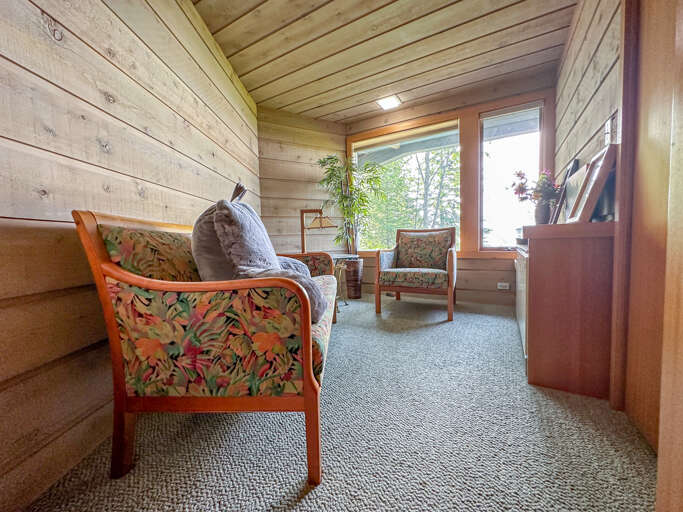 There is a sitting/lounge area on the lower level.