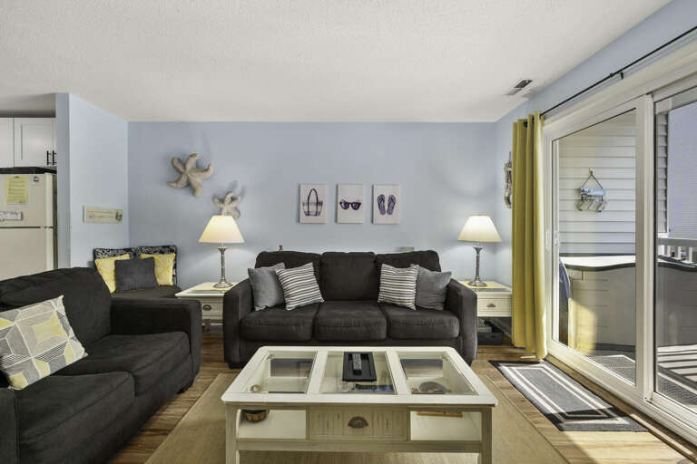 Living Area With Blue Walls, Brown Sofa, Sliding Glass Door