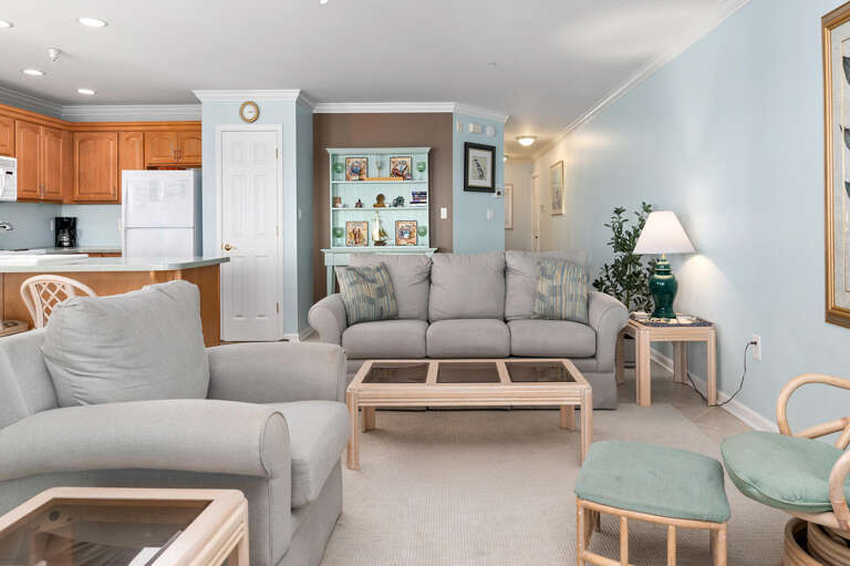 Vacation Rental Living Room With Soft Sofas And Sleek Kitchen