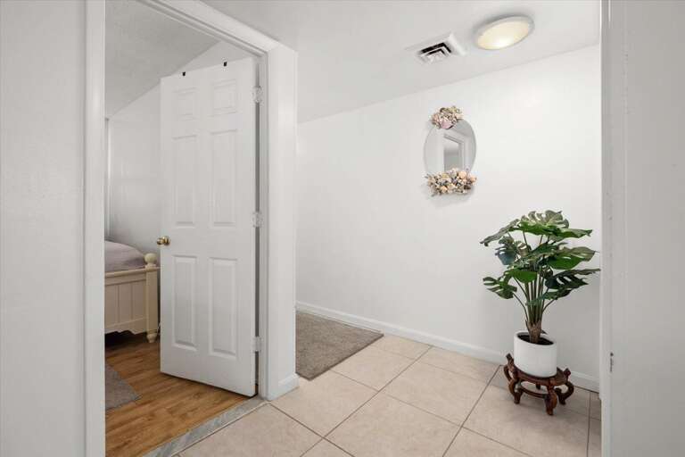 White-walled Entryway Leading To Bedroom, Small Plant Decor