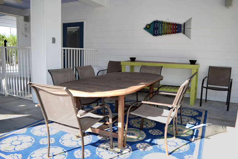 There is lots of outdoor seating for dining or relaxing.