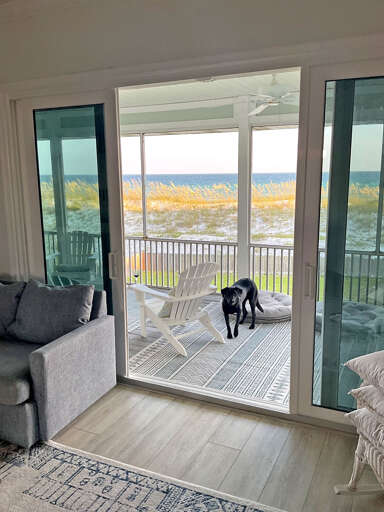 Vacation Rental View, Vast Vista, Sliding Doors Leading To Beachfront Balcony With A Dog