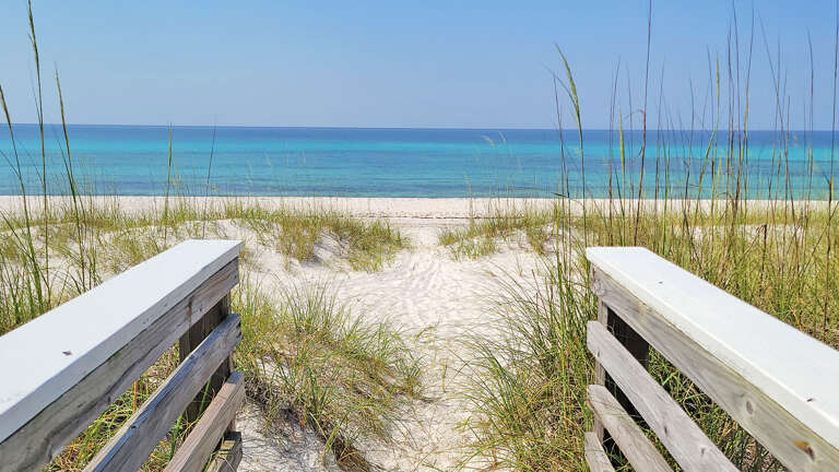 Path To Pristine Beach Through Sandy Dunes Viewed From White Wooden Railings