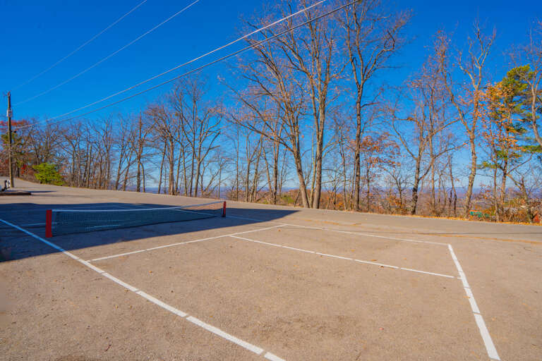 Empty Parking Lot Lines Under A Clear Sky, Bordered By Barren Trees