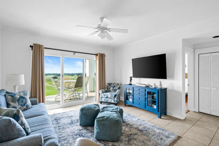 Light-filled Living Space With Blue Furniture, Sliding Door To Scenic View