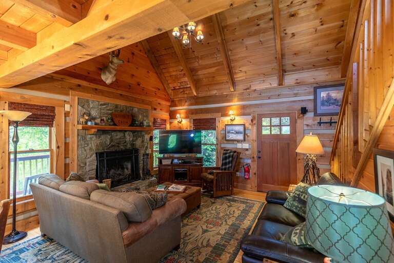 Wooden Cabin Interior With Fireplace And Furniture Wooden Cabin Interior With Fireplace And Furniture