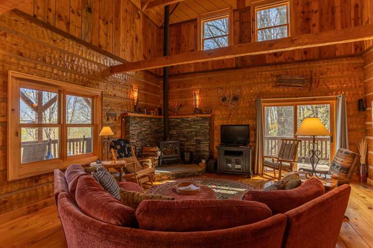 Rustic Living Room Interior With Fireplace And Sofas, Vacation Rental