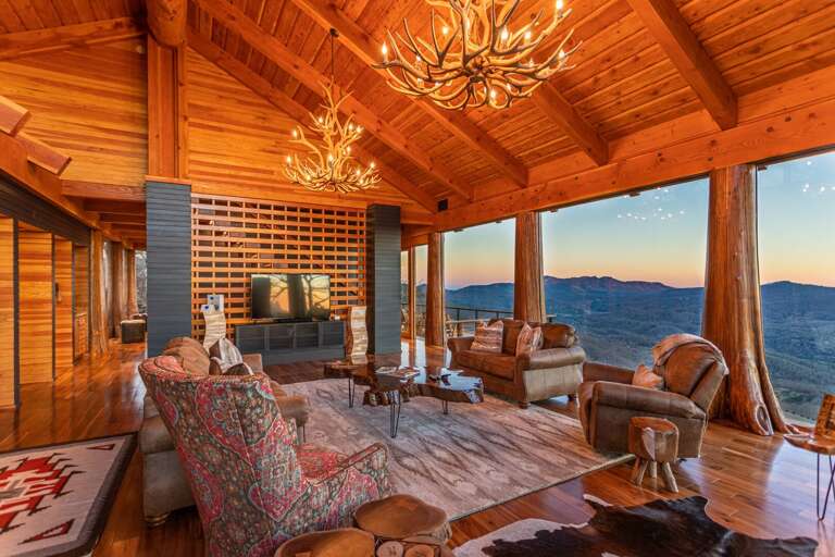 Mountain-view Interior Of Vacation Rental With Wooden Architecture