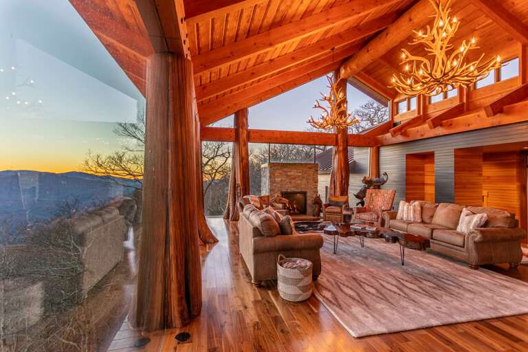 Wooden Interior Living Space With Mountain View