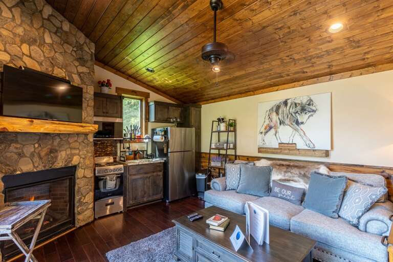 Rustic Living Room Interior With Stone Fireplace And Wooden Ceiling