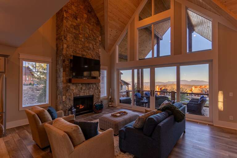 Interior Living Space With Fireplace And Mountain View Interior Living Space With Fireplace And Mountain View
