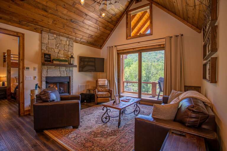 Rustic Living Room With Fireplace And Forest View