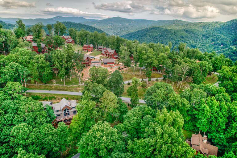 Aerial view of Triple Bear Lodge At Eagles Nest nestled in the Blue Ridge Mountains