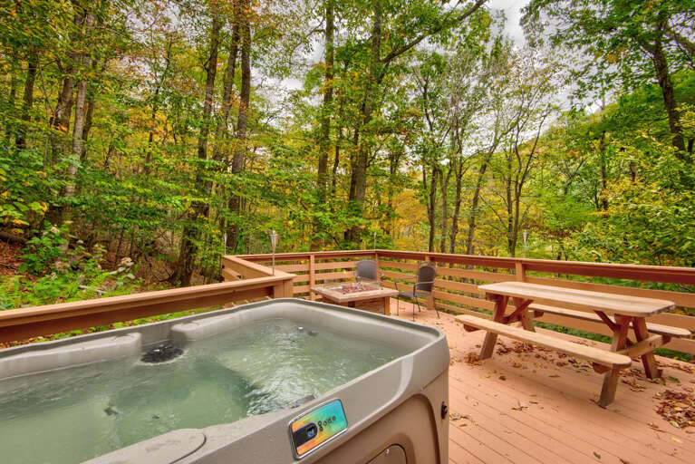 Decked Deck Diving Deep Into Dense Deciduous Domain With Hot Tub And Picnic Table