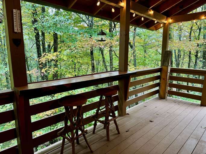 Wooden Porch With Stools Overlooking Forest, Strung Lights Above
