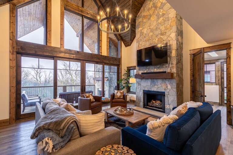 Wooden Walls, Windowed Living Space, Stone Fireplace