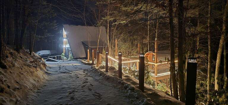 Winter Walkway Bordering A Forest, Path Illuminated At Night