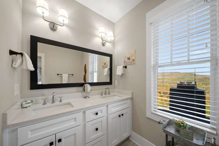 Bright Bathroom, Big Mirror, White Vanity, Window View