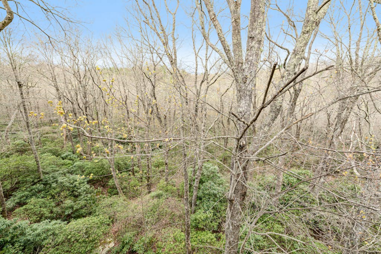 Lush mountain vegetation surrounds the home, creating a peaceful natural backdrop.