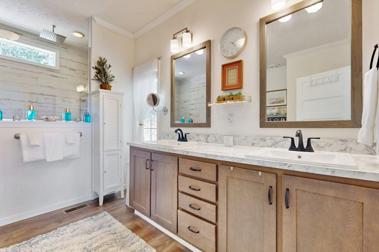 A roomy double vanity makes getting ready easy when you're sharing your mountain getaway.