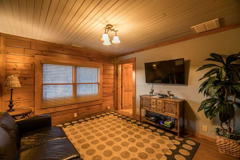 Second living room space with leather sleeper sofa