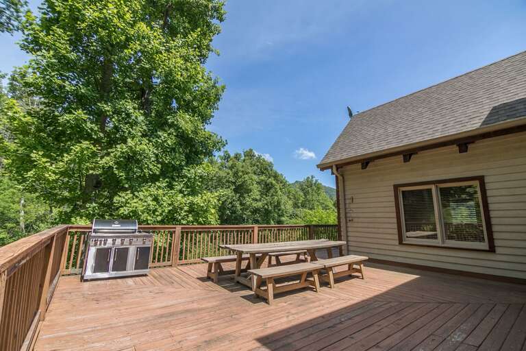 Porch with picnic style table and grill
