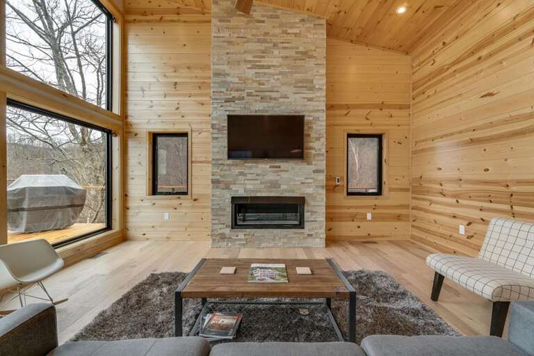 Great room ribbon flame fireplace, SmartTV